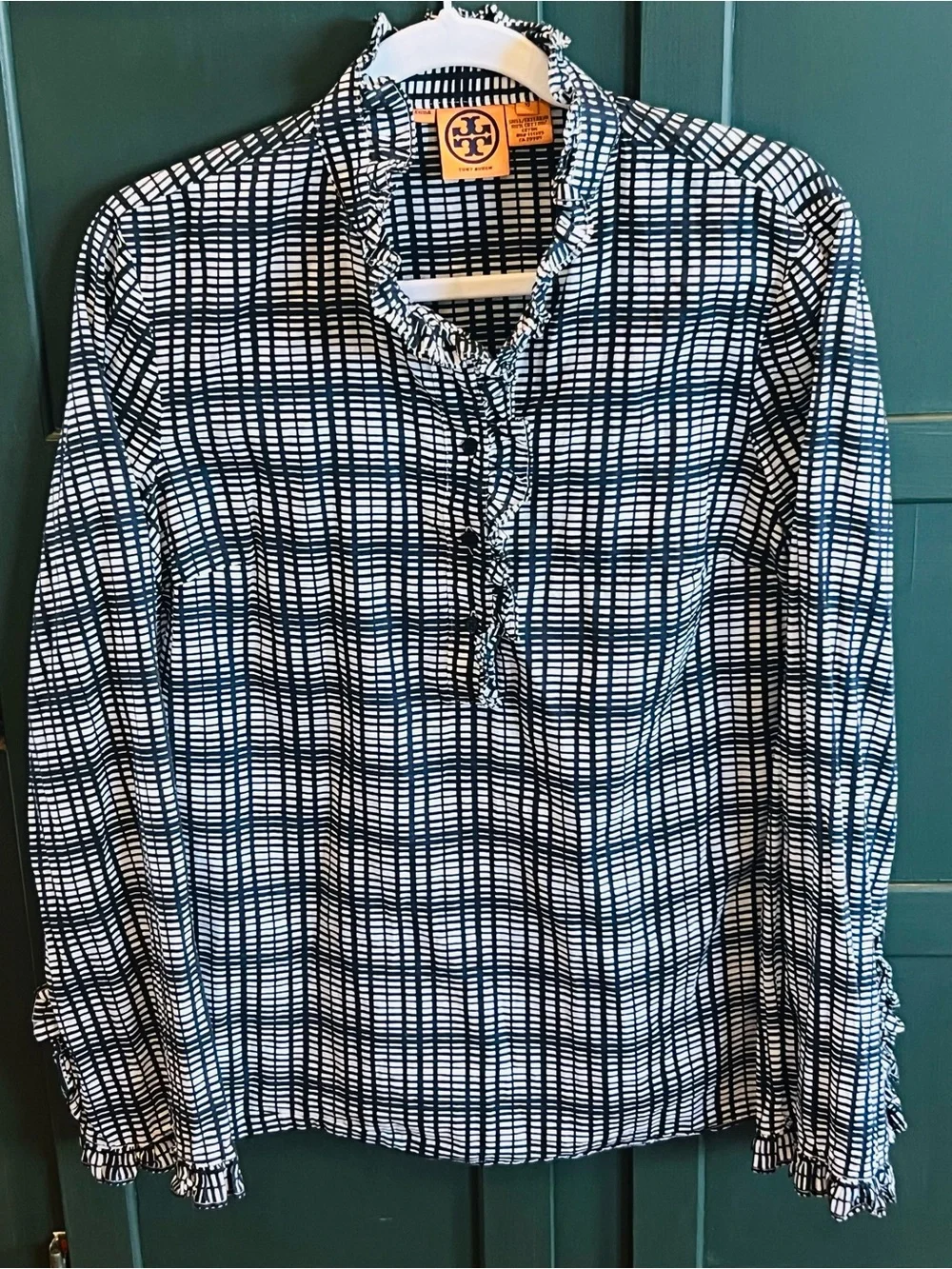 Tory Burch Black White Check Ruffle Long Sleeve Blouse Tunic Top Sz 10